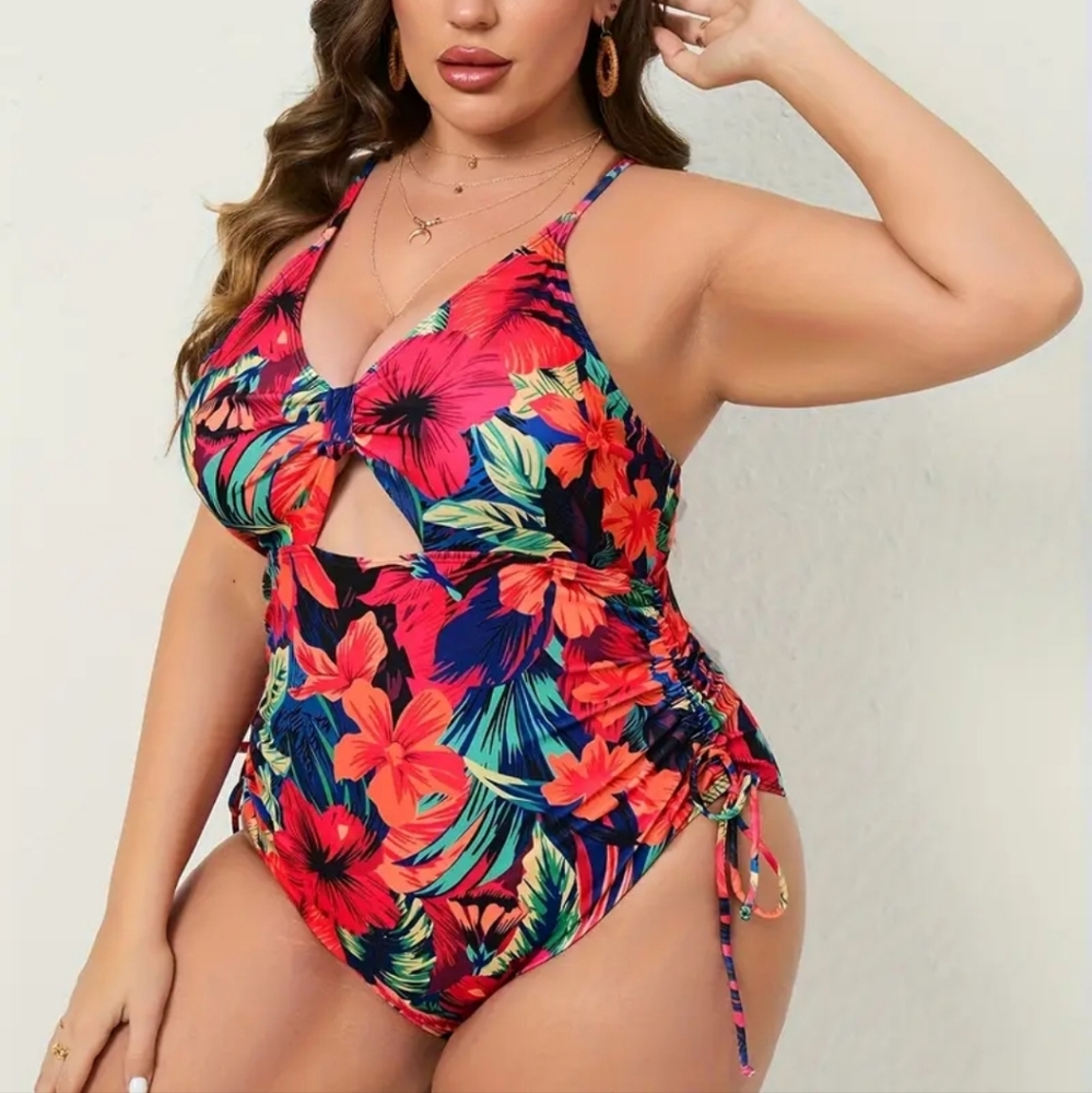 🌸Tropical Pink and Green One Piece with Halter Neck